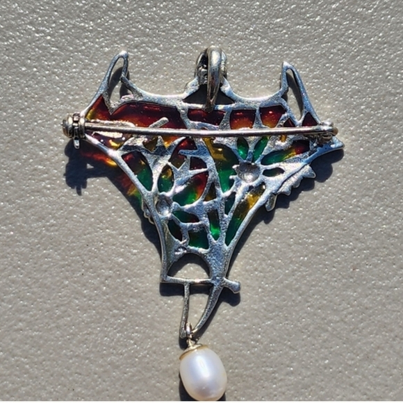 Sterling Silver Multicolor Enamel Plique A Jour Floral Brooch with Pearl Accent - Picture 5 of 7